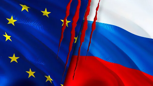 European Union and Russia flags with scar concept. Waving flag,3D rendering. European Union and Russia conflict concept. European Union Russia relations concept. flag of European Union and Russi