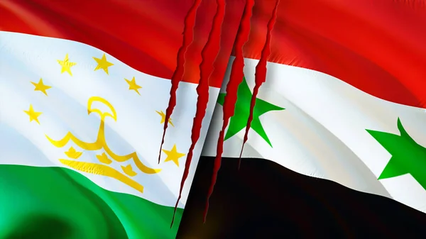 Tajikistan and Syria flags with scar concept. Waving flag,3D rendering. Tajikistan and Syria conflict concept. Tajikistan Syria relations concept. flag of Tajikistan and Syria crisis,war, attac