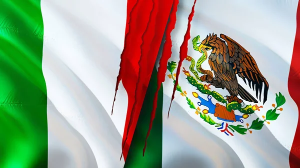 Italy and Mexico flags with scar concept. Waving flag,3D rendering. Italy and Mexico conflict concept. Italy Mexico relations concept. flag of Italy and Mexico crisis,war, attack concep