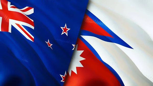 新西兰和尼泊尔的国旗 3D波浪旗帜设计 新西兰尼泊尔国旗 新西兰对尼泊尔的图像 3D渲染 纽西兰关系联盟的概念 — 图库照片