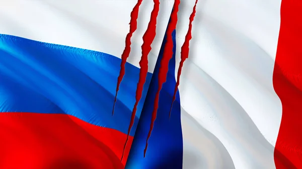 Russia and France flags with scar concept. Waving flag,3D rendering. Russia and France conflict concept. Russia France relations concept. flag of Russia and France crisis,war, attack concep
