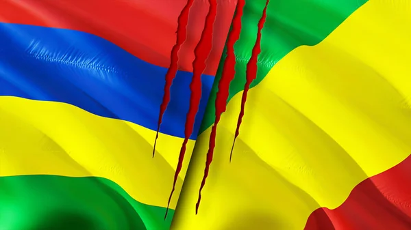毛里求斯和刚果的国旗带有疤痕概念 飘扬的旗帜 3D渲染 毛里求斯和刚果冲突概念 毛里求斯刚果关系概念 毛里求斯国旗与刚果危机 — 图库照片