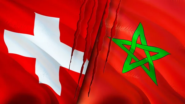 Switzerland and Morocco flags with scar concept. Waving flag,3D rendering. Switzerland and Morocco conflict concept. Switzerland Morocco relations concept. flag of Switzerland and Morocc