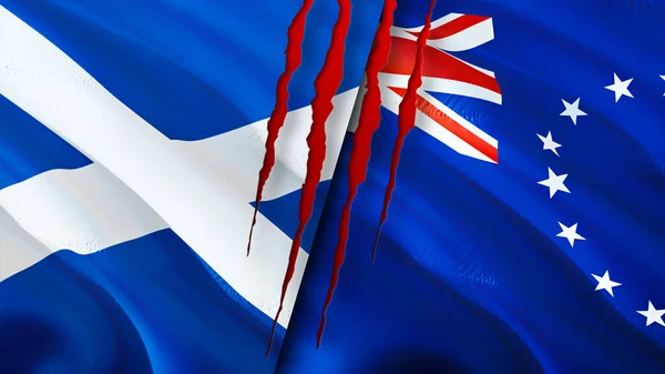 Scotland and Cook Islands flags with scar concept. Waving flag,3D rendering. Scotland and Cook Islands conflict concept. Scotland Cook Islands relations concept. flag of Scotland and Cook Island