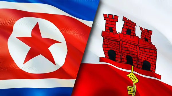 North Korea and Gibraltar flags. 3D Waving flag design. North Korea Gibraltar flag, picture, wallpaper. North Korea vs Gibraltar image,3D rendering. North Korea Gibraltar relations alliance an