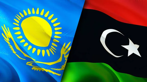 Kazakhstan and Libya flags. 3D Waving flag design. Kazakhstan Libya flag, picture, wallpaper. Kazakhstan vs Libya image,3D rendering. Kazakhstan Libya relations alliance and Trade,travel,touris