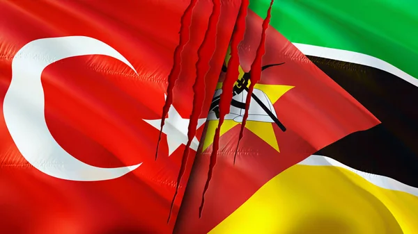 Turkey and Mozambique flags with scar concept. Waving flag,3D rendering. Turkey and Mozambique conflict concept. Turkey Mozambique relations concept. flag of Turkey and Mozambique crisis,war, attac