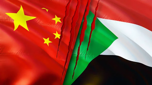 China and Sudan flags with scar concept. Waving flag,3D rendering. China and Sudan conflict concept. China Sudan relations concept. flag of China and Sudan crisis,war, attack concep