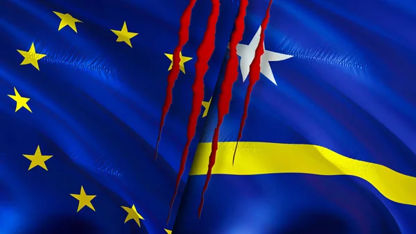 European Union and Curacao flags with scar concept. Waving flag,3D rendering. European Union and Curacao conflict concept. European Union Curacao relations concept. flag of European Union an
