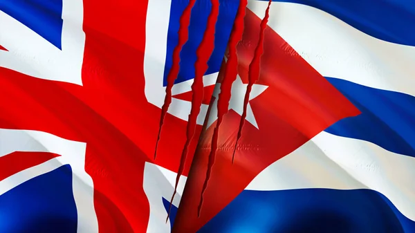United Kingdom and Cuba flags with scar concept. Waving flag,3D rendering. United Kingdom and Cuba conflict concept. United Kingdom Cuba relations concept. flag of United Kingdom and Cub