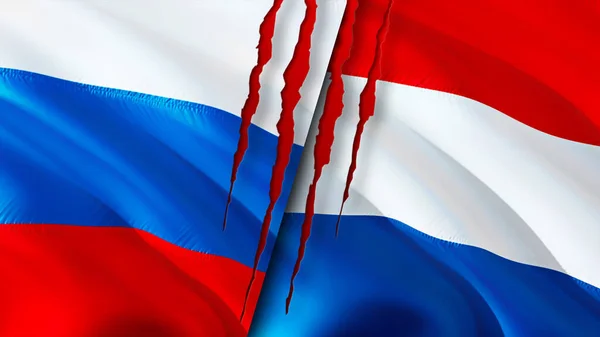 Russia and Netherlands flags with scar concept. Waving flag,3D rendering. Russia and Netherlands conflict concept. Russia Netherlands relations concept. flag of Russia and Netherlands crisis,war