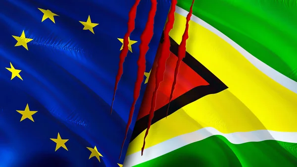 European Union and Guyana flags with scar concept. Waving flag,3D rendering. European Union and Guyana conflict concept. European Union Guyana relations concept. flag of European Union and Guyan