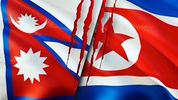 Nepal and North Korea flags with scar concept. Waving flag,3D rendering. Nepal and North Korea conflict concept. Nepal North Korea relations concept. flag of Nepal and North Korea crisis,war, attac