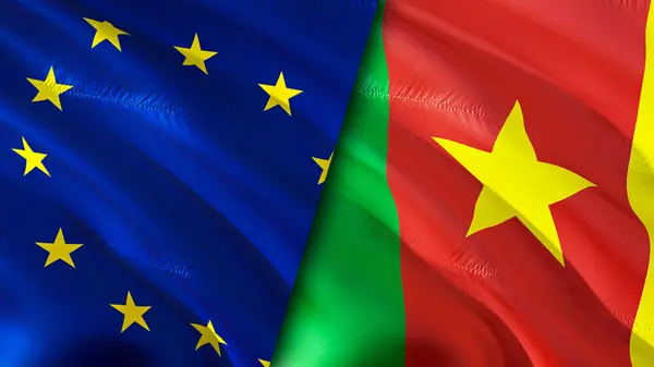 European Union and Cameroon flags. 3D Waving flag design. European Union Cameroon flag, picture, wallpaper. European Union vs Cameroon image,3D rendering. European Union Cameroon relations allianc