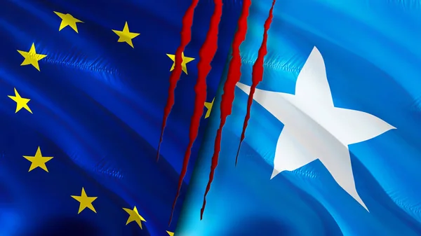 European Union and Somalia flags with scar concept. Waving flag,3D rendering. European Union and Somalia conflict concept. European Union Somalia relations concept. flag of European Union an