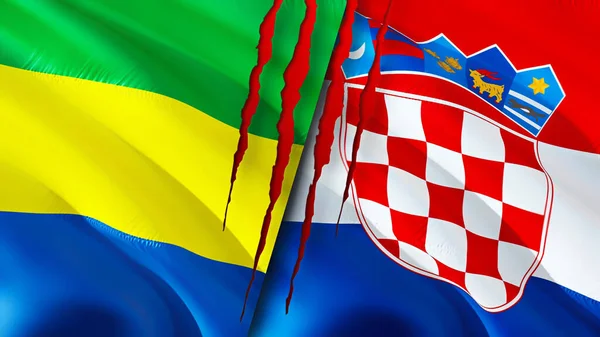 Gabon and Croatia flags with scar concept. Waving flag,3D rendering. Gabon and Croatia conflict concept. Gabon Croatia relations concept. flag of Gabon and Croatia crisis,war, attack concep