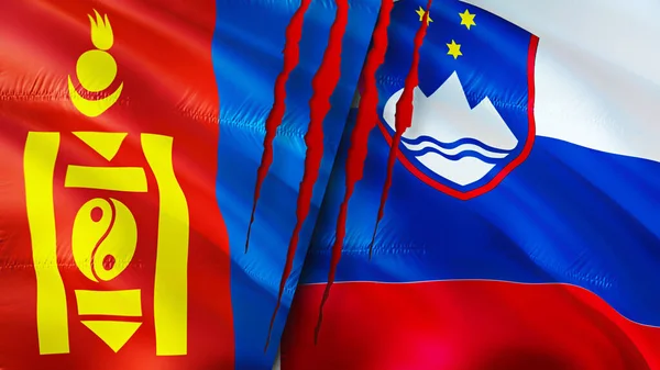 Mongolia and Slovenia flags with scar concept. Waving flag,3D rendering. Mongolia and Slovenia conflict concept. Mongolia Slovenia relations concept. flag of Mongolia and Slovenia crisis,war, attac
