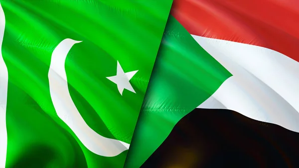 Pakistan and Sudan flags. 3D Waving flag design. Pakistan Sudan flag, picture, wallpaper. Pakistan vs Sudan image,3D rendering. Pakistan Sudan relations alliance and Trade,travel,tourism concep