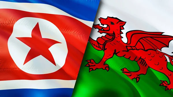 North Korea and Wales flags. 3D Waving flag design. North Korea Wales flag, picture, wallpaper. North Korea vs Wales image,3D rendering. North Korea Wales relations alliance and Trade,travel,touris