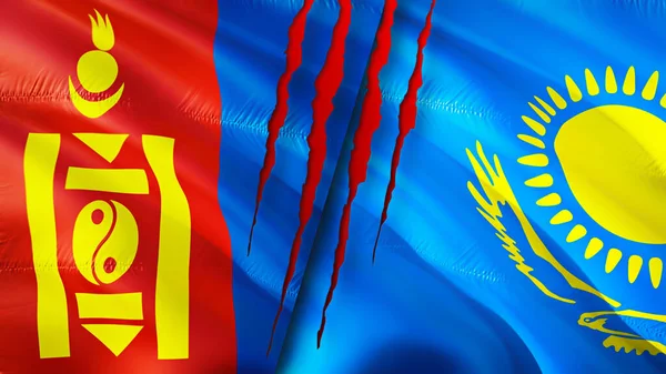 Mongolia and Kazakhstan flags with scar concept. Waving flag,3D rendering. Mongolia and Kazakhstan conflict concept. Mongolia Kazakhstan relations concept. flag of Mongolia and Kazakhsta