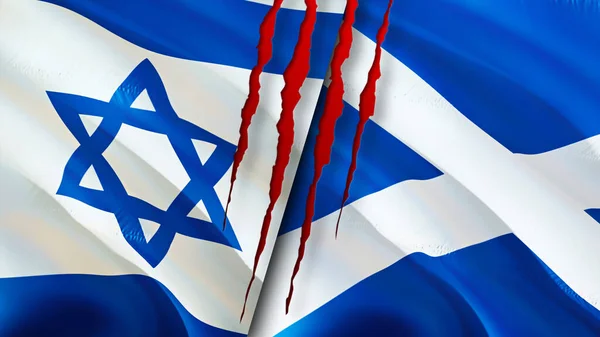 以色列和苏格兰带有伤疤概念的国旗 飘扬的旗帜 3D渲染 以色列和苏格兰冲突概念 以色列 苏格兰关系概念 以色列和苏格兰国旗危机 — 图库照片
