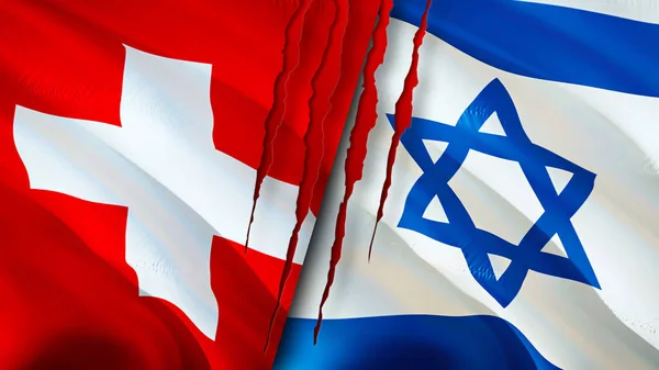 Switzerland and Israel flags with scar concept. Waving flag,3D rendering. Switzerland and Israel conflict concept. Switzerland Israel relations concept. flag of Switzerland and Israel crisis,war