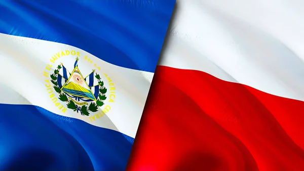 El Salvador and Poland flags. 3D Waving flag design. El Salvador Poland flag, picture, wallpaper. El Salvador vs Poland image,3D rendering. El Salvador Poland relations war alliance concept.Trade