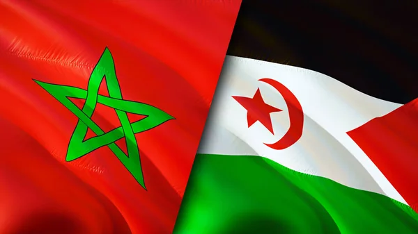 Morocco and Western Sahara flags. 3D Waving flag design. Morocco Western Sahara flag, picture, wallpaper. Morocco vs Western Sahara image,3D rendering. Morocco Western Sahara relations alliance an