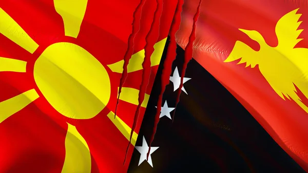 具有疤痕概念的北马其顿和巴布亚新几内亚国旗 飘扬的旗帜 3D渲染 北马其顿和巴布亚新几内亚冲突概念 北马其顿巴布亚新几内亚关系概念 — 图库照片
