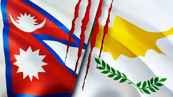 Nepal and Cyprus flags with scar concept. Waving flag,3D rendering. Nepal and Cyprus conflict concept. Nepal Cyprus relations concept. flag of Nepal and Cyprus crisis,war, attack concep