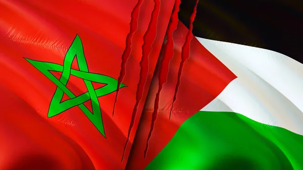 Morocco Palestine Flags Scar Concept Waving Flag Rendering Morocco Palestine — Stock Photo, Image