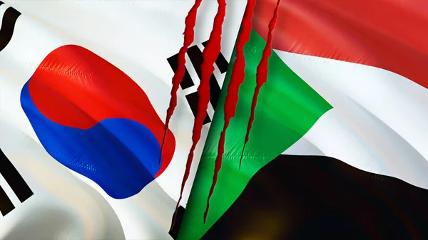South Korea and Sudan flags with scar concept. Waving flag,3D rendering. South Korea and Sudan conflict concept. South Korea Sudan relations concept. flag of South Korea and Sudan crisis,war, attac