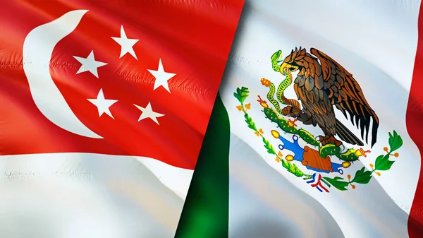 Singapore and Mexico flags. 3D Waving flag design. Singapore Mexico flag, picture, wallpaper. Singapore vs Mexico image,3D rendering. Singapore Mexico relations alliance and Trade,travel,touris