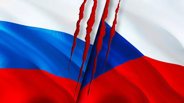Banderas Rusia República Checa Con Concepto Cicatriz Bandera Ondeante Representación —  Fotos de Stock