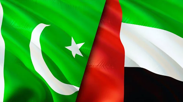 Pakistan and United Arab Emirates flags. 3D Waving flag design. Pakistan United Arab Emirates flag, picture, wallpaper. Pakistan vs United Arab Emirates image,3D rendering. Pakistan United Ara