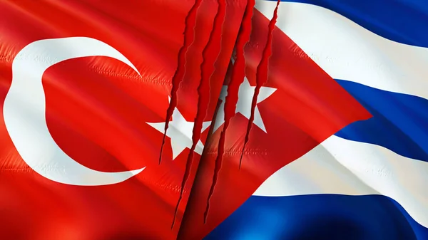 Turkey and Cuba flags with scar concept. Waving flag,3D rendering. Turkey and Cuba conflict concept. Turkey Cuba relations concept. flag of Turkey and Cuba crisis,war, attack concep