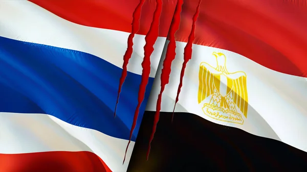 Thailand and Egypt flags with scar concept. Waving flag,3D rendering. Thailand and Egypt conflict concept. Thailand Egypt relations concept. flag of Thailand and Egypt crisis,war, attack concep