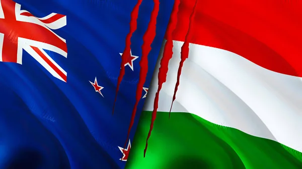 New Zealand and Hungary flags with scar concept. Waving flag 3D rendering. New Zealand and Hungary conflict concept. New Zealand Hungary relations concept. flag of New Zealand and Hungar