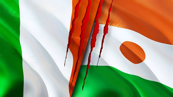 Ierland Niger Vlaggen Met Litteken Concept Wuivende Vlag Rendering Conflictconcept — Stockfoto