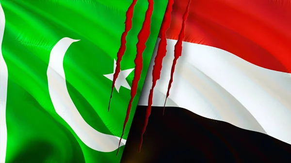 Пакистан Йемен Флаги Шрамом Концепции Размахивание Флагом Рендеринг Концепция Пакистанского — стоковое фото