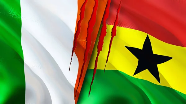 Irland Och Ghana Flaggar Med Ärr Koncept Viftande Flagga Rendering — Stockfoto