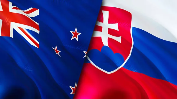 新西兰和斯洛伐克的国旗 3D波浪旗帜设计 新西兰斯洛伐克国旗 新西兰对斯洛伐克的图像 3D渲染 新西兰斯洛伐克关系战争联盟C — 图库照片