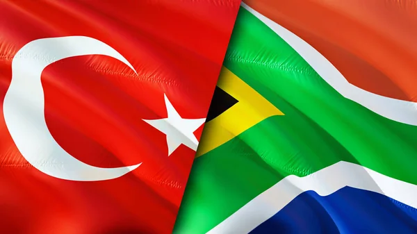 Turkey and South Africa flags. 3D Waving flag design. Turkey South Africa flag, picture, wallpaper. Turkey vs South Africa image,3D rendering. Turkey South Africa relations alliance an