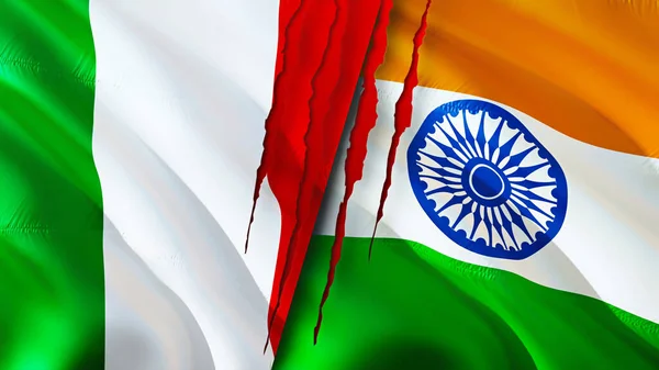 意大利和印度的国旗上有疤痕的概念 飘扬的旗帜 3D渲染 意大利和印度的冲突概念 意大利 印度关系概念 意大利和印度国旗危机 — 图库照片