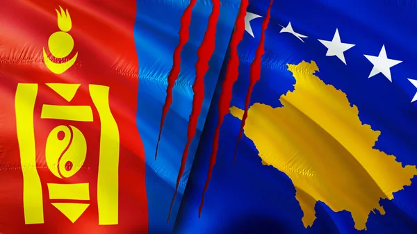 Yara izi olan Moğolistan ve Kosova bayrakları. Dalgalanan bayrak, 3 boyutlu görüntüleme. Moğolistan ve Kosova ihtilaf kavramı. Moğolistan Kosova ilişkileri kavramı. Moğolistan bayrağı ve Kosova krizi, savaş, saldırı konsepti