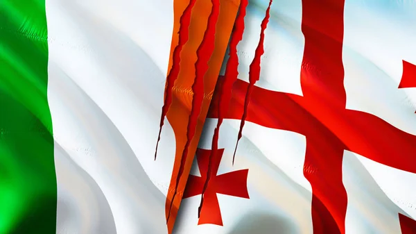 Ірландія Грузія Відзначають Прапори Шрамом Розгортання Прапора Рендеринга Ірландія Грузія — стокове фото