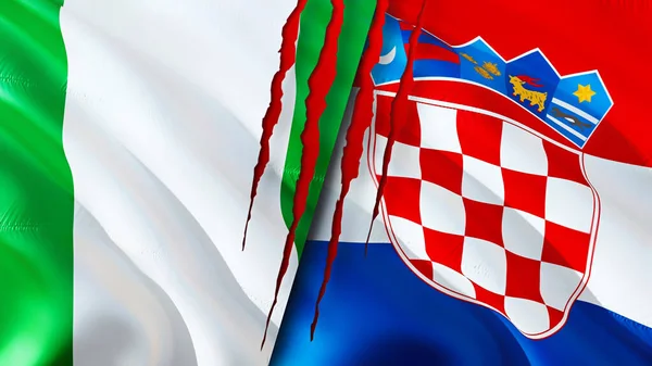 Nigeria and Croatia flags with scar concept. Waving flag,3D rendering. Nigeria and Croatia conflict concept. Nigeria Croatia relations concept. flag of Nigeria and Croatia crisis,war, attack concep