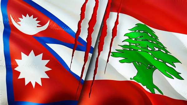 Bandeiras Nepal Líbano Com Conceito Cicatriz Bandeira Ondulada Renderização Conceito — Fotografia de Stock