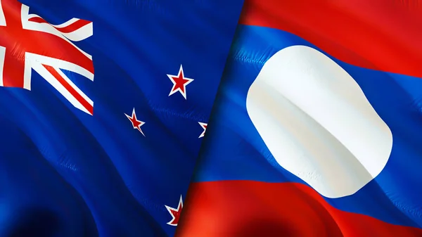 新西兰和老挝的国旗 3D波浪旗帜设计 新西兰老挝国旗 新西兰对老挝的图像 3D渲染 纽西兰老挝关系联盟的概念 — 图库照片