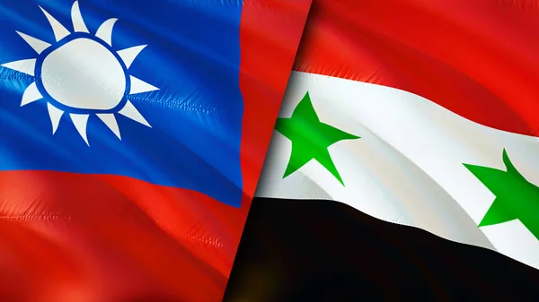Taiwan and Syria flags. 3D Waving flag design. Taiwan Syria flag, picture, wallpaper. Taiwan vs Syria image,3D rendering. Taiwan Syria relations alliance and Trade,travel,tourism concep